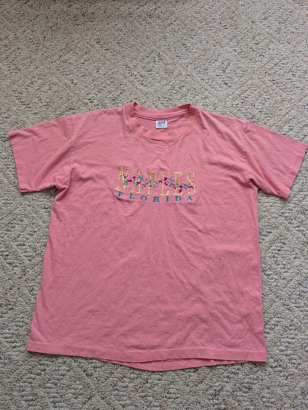 Vintage 90s Embroidered Naples Florida FL T-shirt Coral Pink Floral SS Vtg USA